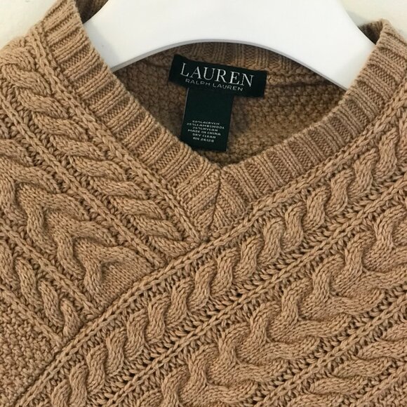 Lauren Ralph Lauren poncho brown women's S/M cable knit fringe lambswool boho - Picture 2 of 6